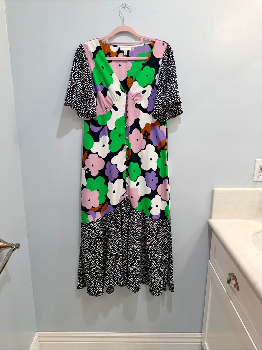 Sold Topshop Mixed Print Floral Polka Dot Midi Dress Multi-Color Flutter Sleeve - Picture 5 of 13